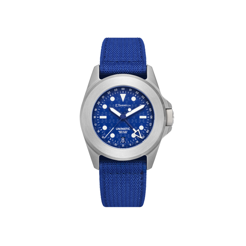 UNIMATIC E. Marinella U4-GMT-EMJDM front blue patterned dial and nylon strap